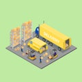 Isometric Warehouse. Cargo Industry. Worker on Forklift
