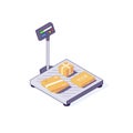 Isometric warehouse carton boxes freights goods packages on scales. 3d box scale vector illustration