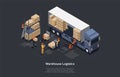 Isometric warehouse logistics concept. Modern interior of warehouse, loading and unloading process of delivery vehicles