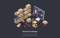 Isometric warehouse online manager concept. The process of online warehouse management compositions including loading