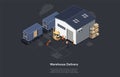 Isometric Warehouse Railway Delivery Concept. On Time Delivery Home And Office. Delivery Train, Work Staff, Worker With