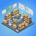 Isometric warehouse with robotic arms sorting cardboard boxes and data screens factory Royalty Free Stock Photo