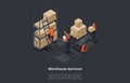 Isometric warehouse services concept. Industrial warehouse with rack with parcels and hand pallet truck, cargo service