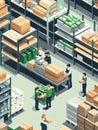 Isometric warehouse setting with workers packing grocery orders and organized boxes for delivery Generative AI Royalty Free Stock Photo