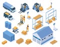 Isometric warehouse storage delivery logistic services elements. Warehouse building, forklifts and warehouse workers Royalty Free Stock Photo