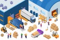 Isometric warehouse storage and industrial equipment, 3d logistic hub illustration. Forklift carrying pallets