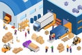 Isometric warehouse storage and industrial equipment, 3d vector illustration. Forklift carrying pallets with boxes