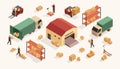 Isometric warehouse vector illustration set, 3d people working in warehouse, worker character loading boxes on trucks