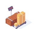 Isometric warehouse wooden and carton boxes freights goods packages on scales. 3d box scale vector illustration