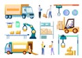 Isometric warehouse workers and equipment, vector isolated illustration. Logistic warehouse services, delivery. Royalty Free Stock Photo