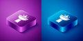 Isometric Washbasin with water tap icon isolated on blue and purple background. Square button. Vector