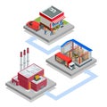 Isometric Waste Processing Plant. Technological process. Truck transporting trash to recycling plant. Production new