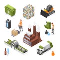 Isometric waste recycle. Trash bricks, composting transport and belt. Garbage recycle factory building, plastic bins and
