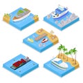 Isometric Water Transportation Set with Cruise and Industrial Ship. Sailing and Shipping