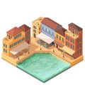 isometric waterfront of the old southern city with houses and restaurants