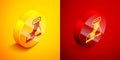 Isometric Waterproof rubber boot icon isolated on orange and red background. Gumboots for rainy weather, fishing