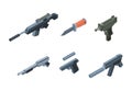 Isometric weapons. Automatic gun arms for warriors modern soldiers equipment for explosions garish vector different