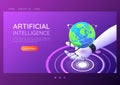 Isometric web banner ai robotic hand holding virtual digital world