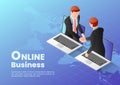 Isometric Web Banner Businessmen Having Online Agreement and Shaking Hands Through Laptop Screen Royalty Free Stock Photo