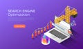 Isometric web banner construction crane lifting up and increase website ranking
