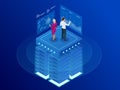 Isometric web banner Data analytics platform and Statistics. Vector illustration hosting server or data center room