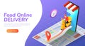 Isometric web banner delivery man ride motorcycle with online order food and home delivering service