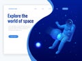 Isometric web banner of explore the world of space concept. Astronaut in outer space, discovery. Vector illustration