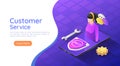 Isometric web banner female customer service operator on smartphone