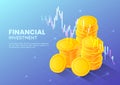 Isometric Web Banner Golden Money Coin with Stock Market Trading Graph