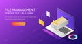 Isometric web banner laptop transfer file and organize folder in the monitor