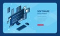 Isometric web banner software development. Program code on computer screen. Landing page template design. Programming in isometric Royalty Free Stock Photo