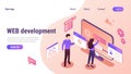Isometric web design. Website landing page. 3D develop content. Computer technology product interface. Creative digital