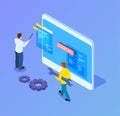 Isometric web developers. Programmers working with interface, mobile app upgrade. 3d tablet and it workers vector