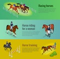 Isometric web equestrian horizontal banners with horserace awards equipment and repetition before competition vector