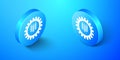 Isometric Wheat and gear icon isolated on blue background. Agriculture symbol with cereal grains and industrial gears