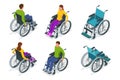 Isometric Wheelchair isolated. Man and Woman in Wheelchair. Medical support equipment. Health care concept.