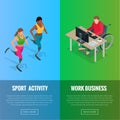 Isometric Wheelchair. Man with disabilities working at the computer. Communication over the network. Sports for peoples