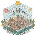 An isometric, whimsical illustration depicts a creative workspace within a cube, Royalty Free Stock Photo