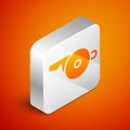 Isometric Whistle icon isolated on orange background. Referee symbol. Fitness and sport sign. Silver square button Royalty Free Stock Photo