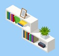 Isometric white bookshelf isolated on background. White wooden bbookshelf filled with books Royalty Free Stock Photo