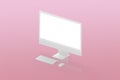 Isometric white display, keyboard and mouse on pink suirface