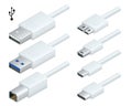 Isometric white usb types port plug in cables set with realistic connectors. Connector and ports. USB type A, type B