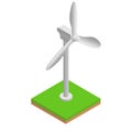 Isometric wind turbine on green grass, modern alternative sustainability and eco-friendly energy