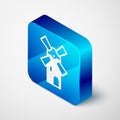 Isometric Windmill icon isolated on grey background. Blue square button. Vector