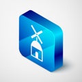 Isometric Windmill icon isolated on grey background. Blue square button. Vector