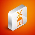 Isometric Windmill icon isolated on orange background. Silver square button. Vector