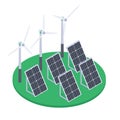 Isometric windmill and solar panels. Renewable energy sources, alternative eco green energy, solar battery panels 3d isolated flat Royalty Free Stock Photo