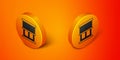 Isometric Window with curtains in the room icon isolated on orange background. Orange circle button. Vector