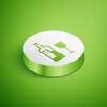 Isometric Wine bottle with glass icon isolated on green background. White circle button. Vector