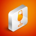 Isometric Wine glass icon isolated on orange background. Wineglass sign. Silver square button. Vector